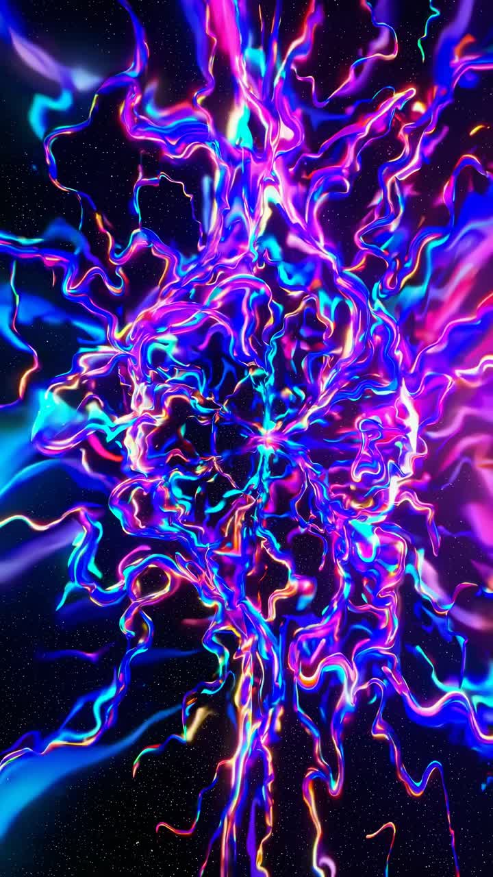 A vibrant, abstract video concept with swirling neon lights in a cosmic setting