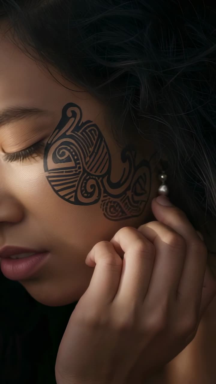 Vertical video: Left hand reaching ear, woman in dark top fixing pearl in studio showing tribal ink