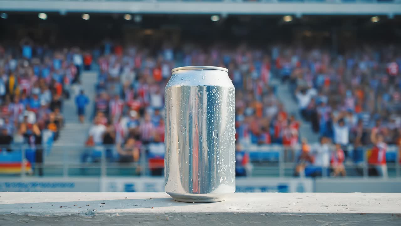 Beer can in stadium with cheering crowd