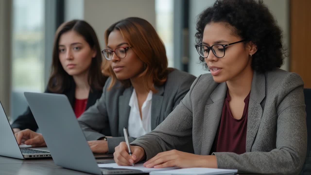 Pausing writing, right woman in suit turning to center, seeking clarification about laptop at table
