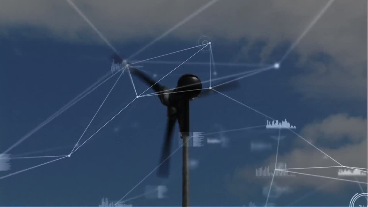 Animation of network of connections and data processing over spinning windmill against blue sky