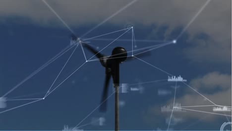 Animation-Eines-Netzwerks-Von-Verbindungen-Und-Datenverarbeitung-über-Einer-Sich-Drehenden-Windmühle-Vor-Blauem-Himmel