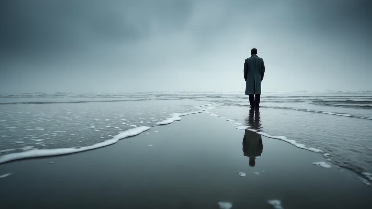 A solitary figure stands contemplatively by the water's edge, reflecting on life amidst a moody, overcast sky and gentle waves lapping against the shore