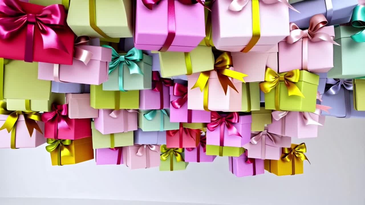 A colorful arrangement of gift boxes with ribbons and bows