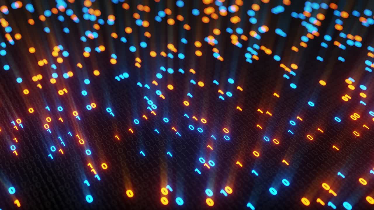 abstract sin costuras azul y naranja código digital binario matriz fondo vj bucle con llamarada.