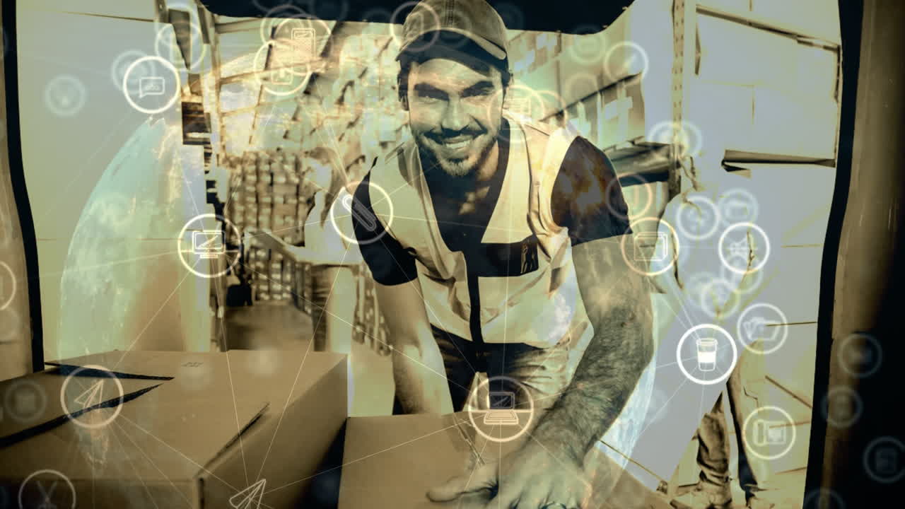 애니메이션 지구와 아이콘과 결합된 패키지 배달의 창고 구성