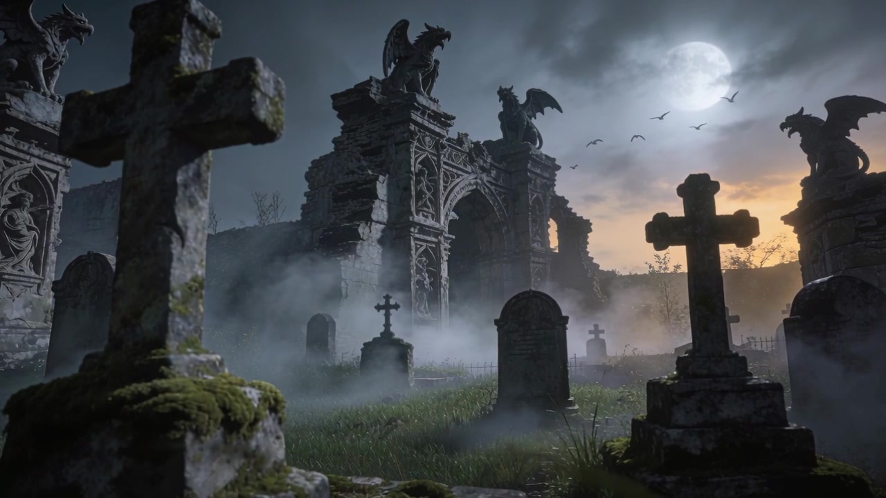 Una grande croce di pietra muschiosa si rivela dominando il crepuscolo di un cimitero, mentre la telecamera panoramica su rovine di gargoyle.