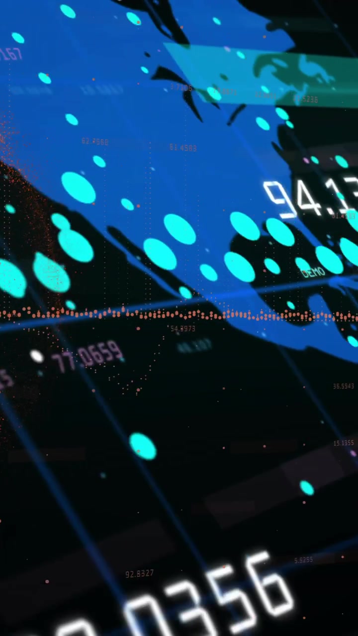 Animation of financial data processing over world map on dark background
