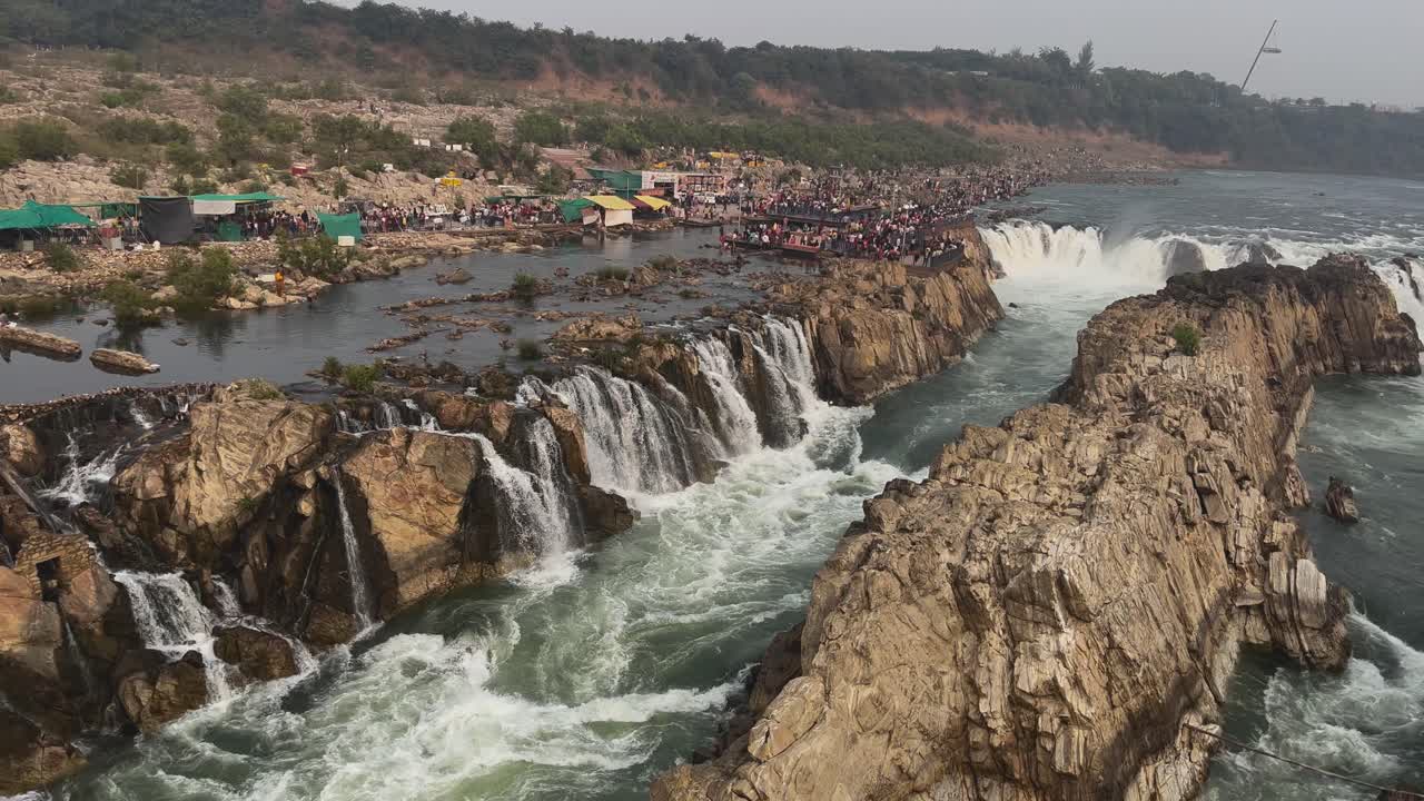 view of Dhuandhar water falls from narmada river ropeway at bhedaghat in madhya pradesh