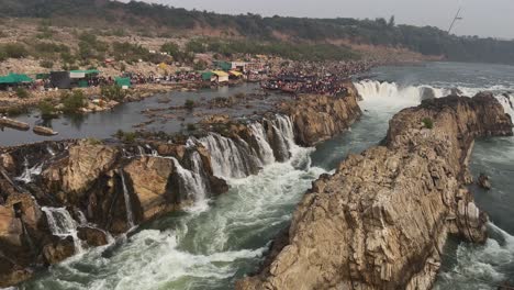 view of dhuandhar water falls from narmada river ropeway at bhedaghat in madhya pradesh