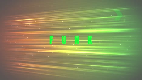 Animation-of-funk-in-green-text-with-crosses-and-lines-over-green-and-yellow-beams-of-light