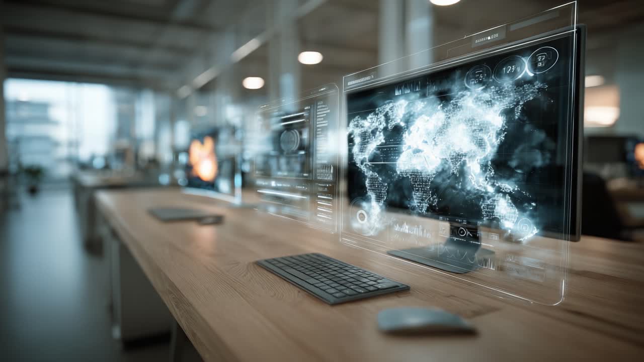 Fremtidsrettet arbeidsplass med transparente skjermer, dynamiske datavisualiseringer og avanserte teknologiske elementer i et moderne kontormiljø
