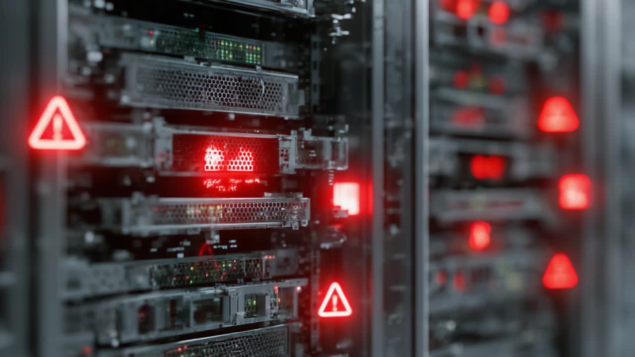 A Detailed Look at Server Racks Displaying Critical Alerts with Bright Red Indicators, Highlighting the Importance of System Monitoring and Management in Data Centers