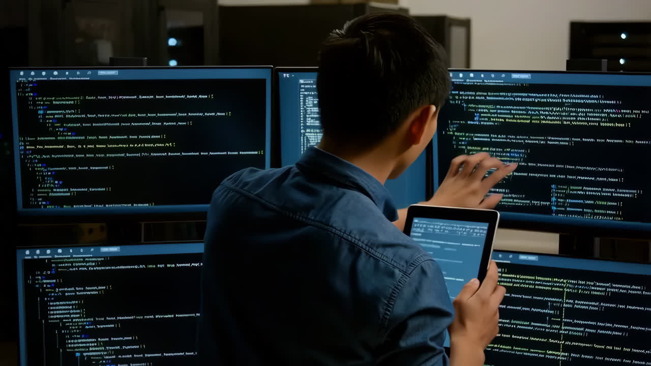 Software Developer Working on Multiple Screens in a Server Room