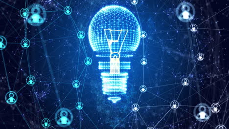 Animation of light bulb spinning with network of connections on blue background