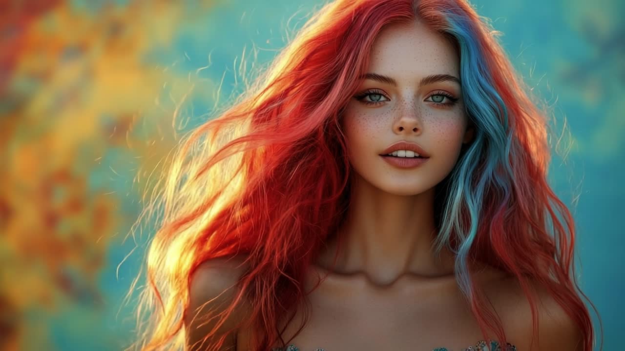 Vibrant-haired woman in nature. A confident young woman with bright red and blue hair stands outdoors, surrounded by colorful autumn foliage.