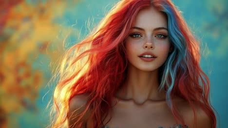 vibrant-haired woman in nature. a confident young woman with bright red and blue hair stands outdoors, surrounded by colorful autumn foliage.