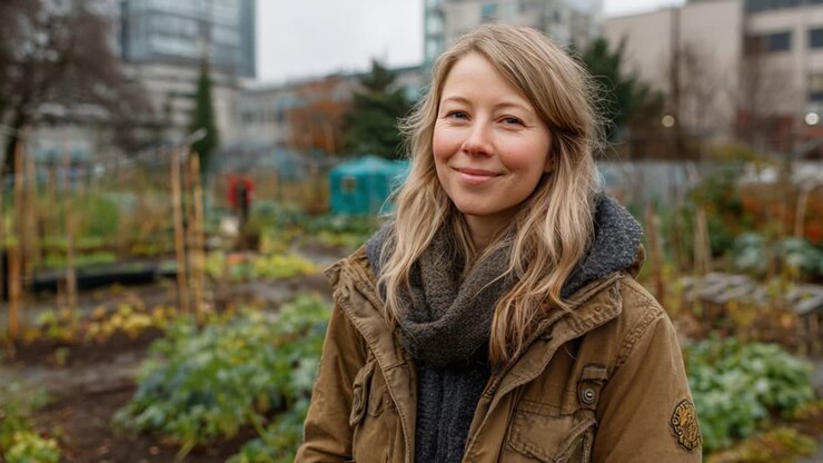 Un giardiniere sorridente in un rigoglioso orto comunitario, che mostra la gioia dell'agricoltura urbana e il legame con la natura nella vita moderna della città