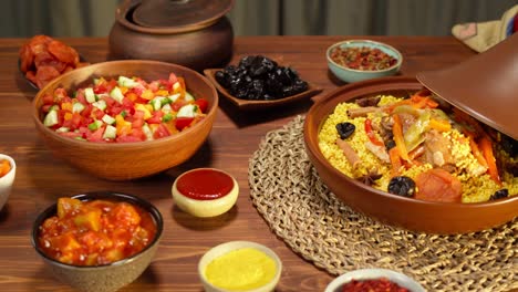 moroccan cuisine. tajine, traditional dish made of lamb and eggplant, vegetable salad. middle eastern culture. couscous with mutton close-up, delicious rice. homemade food.