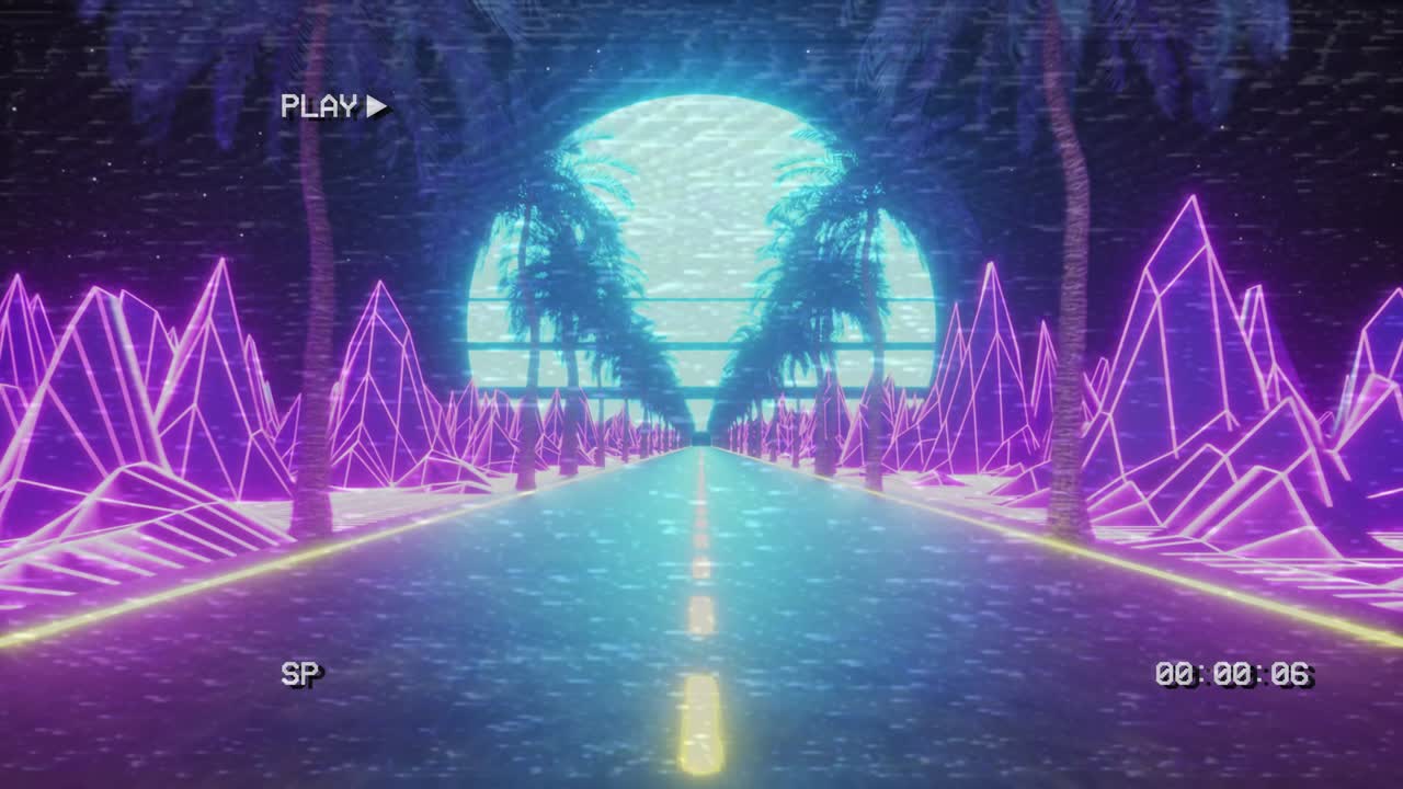 80년대의 레트로 퓨처리즘 sf 시리스 루프, 레트로 웨이브 vj 비디오 게임 풍경, 네온 조명 및 낮은 폴리 지형 그리드, 산, 태양 및 별과 함께 스타일화 된 빈티지 vaporwave 3d 애니메이션 배경.