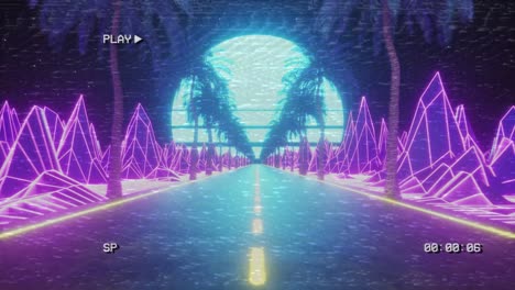 80s retro futurista ciencia ficción bucle sin costuras. retrowave vj paisaje de videojuego, luces de neón y cuadrícula de terreno de bajo poli. estilizado vintage vaporwave fondo de animación 3d con montañas, sol y estrellas. 4k