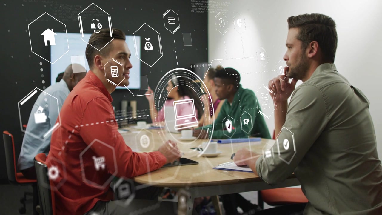 Left man gesturing, HUD overlays appearing and expanding, showing finance icons for collaboration