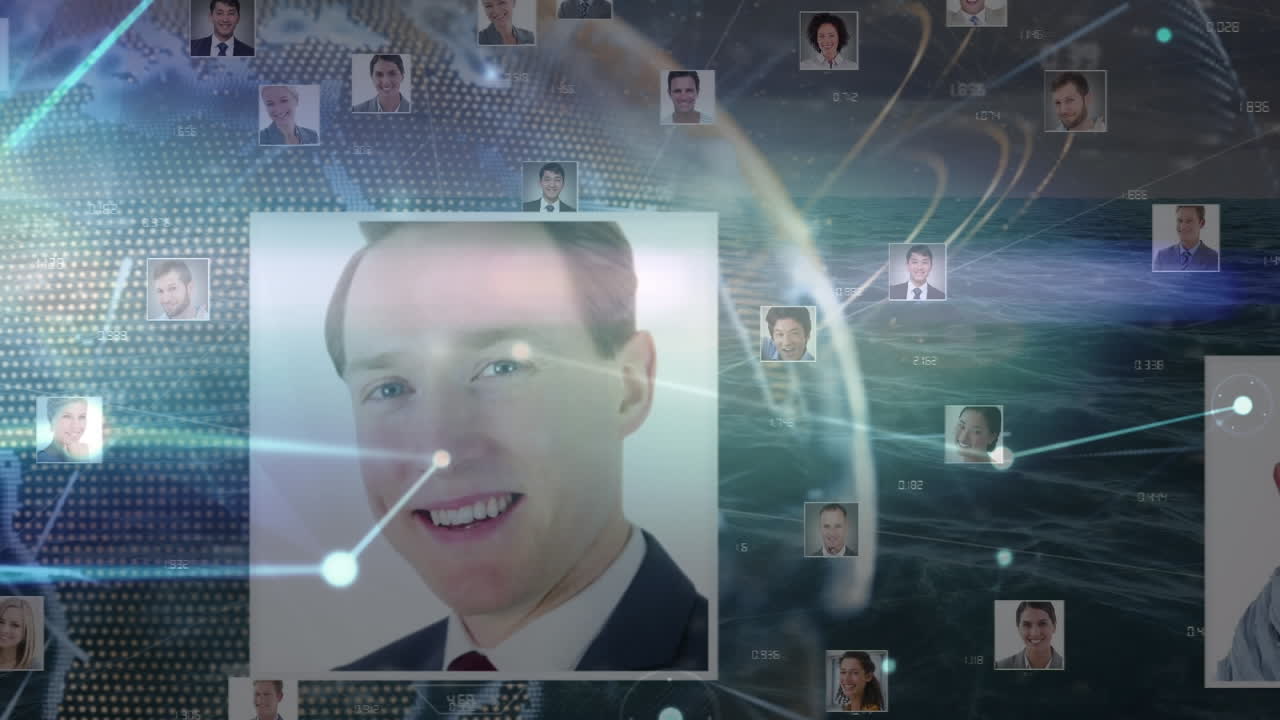Animation of network of profile icons and light trails over spinning against sea