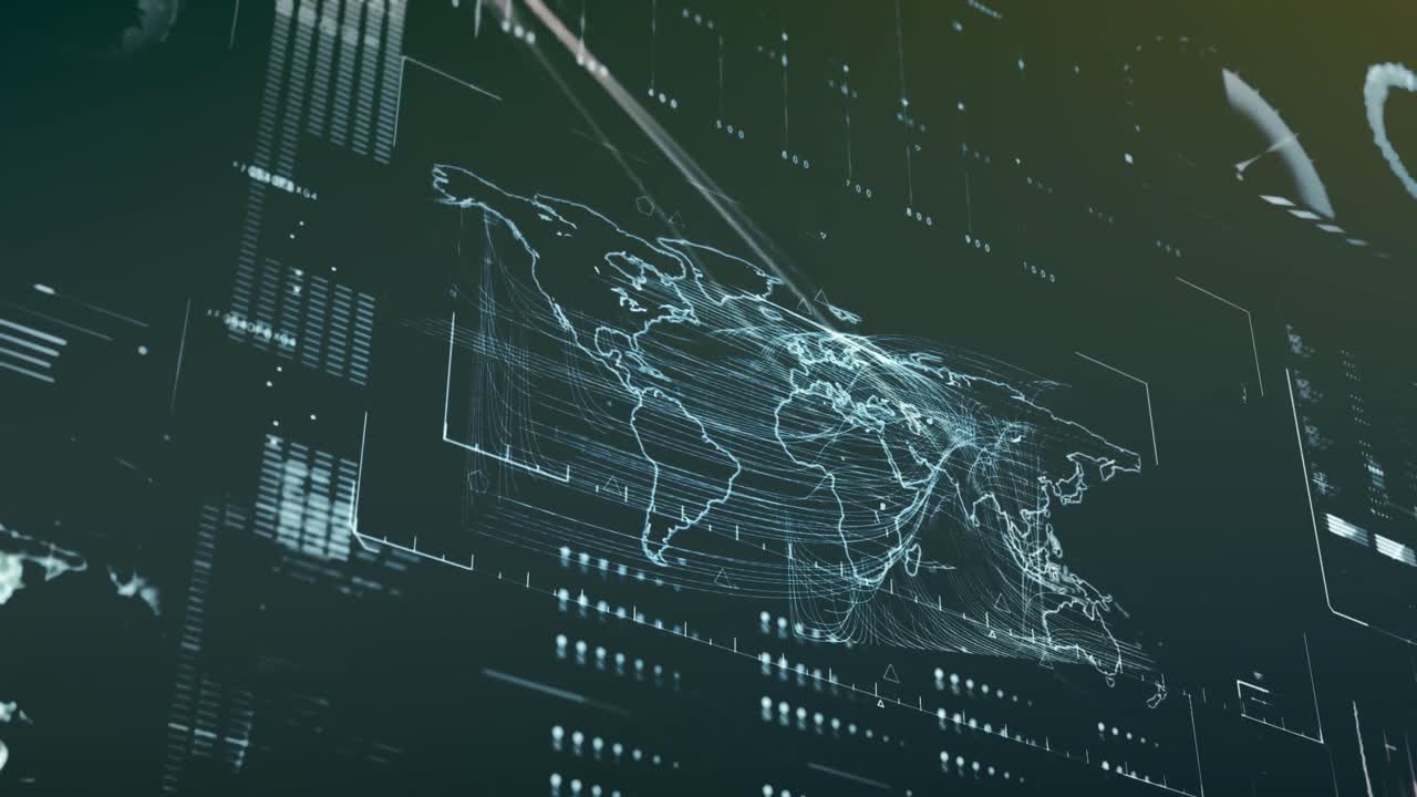 Animation of interface with data processing over world map against grey background