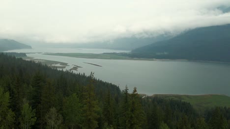 ascending aerial shot revealing upper arrow lake from the dense forest