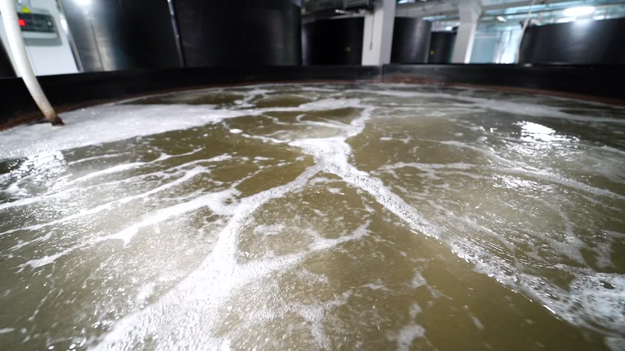 Prawn farm close-up. Oxygen water with aerator inside the shrimp farm.