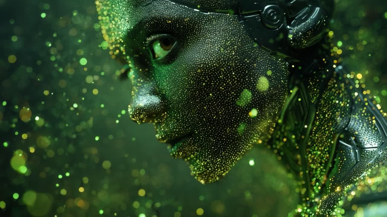A Captivating Transformation of a Futuristic Being: Exploring the Depths of Artistry with a Vivid Green Aesthetic and Transcendent Sparkles
