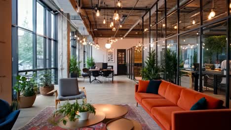 a large open plan office with lots of windows and plants