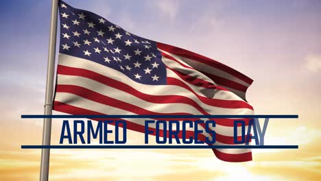 animation of armed forces day text over flag of usa and sky