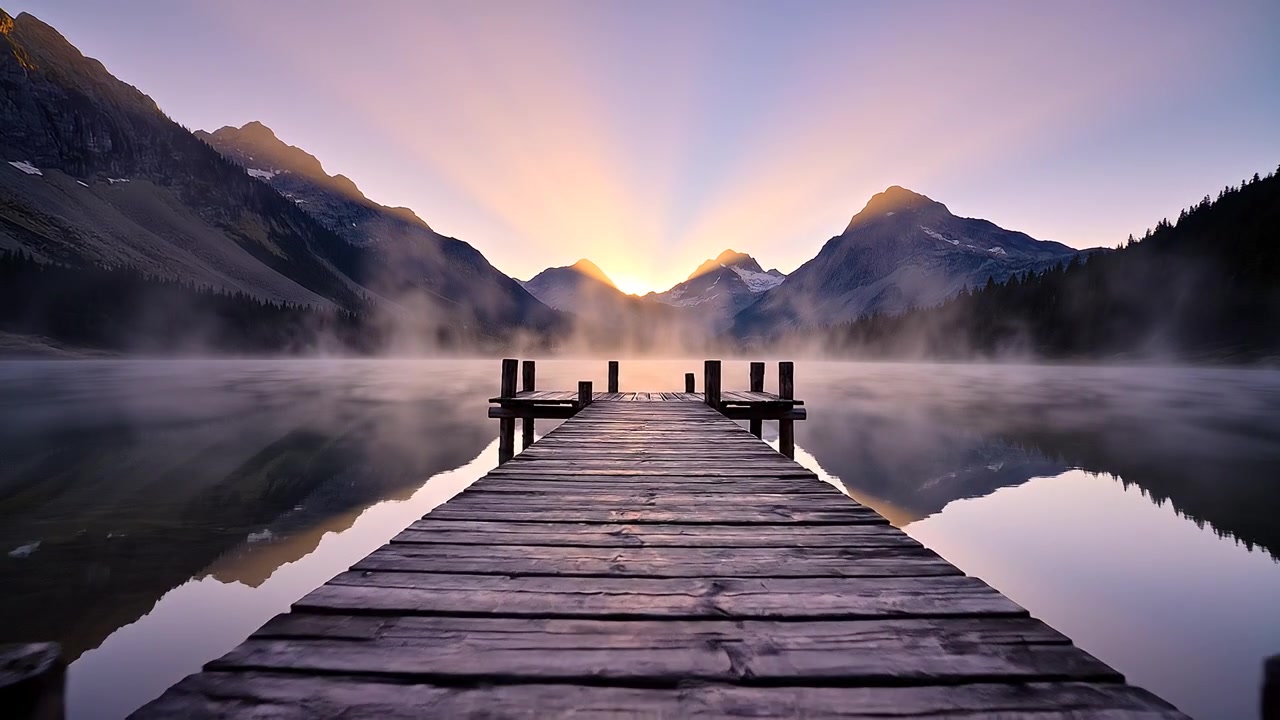 Wooden pier on a misty mountain lake at sunrise