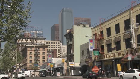 a view of downtown los angeles california from the fashion district