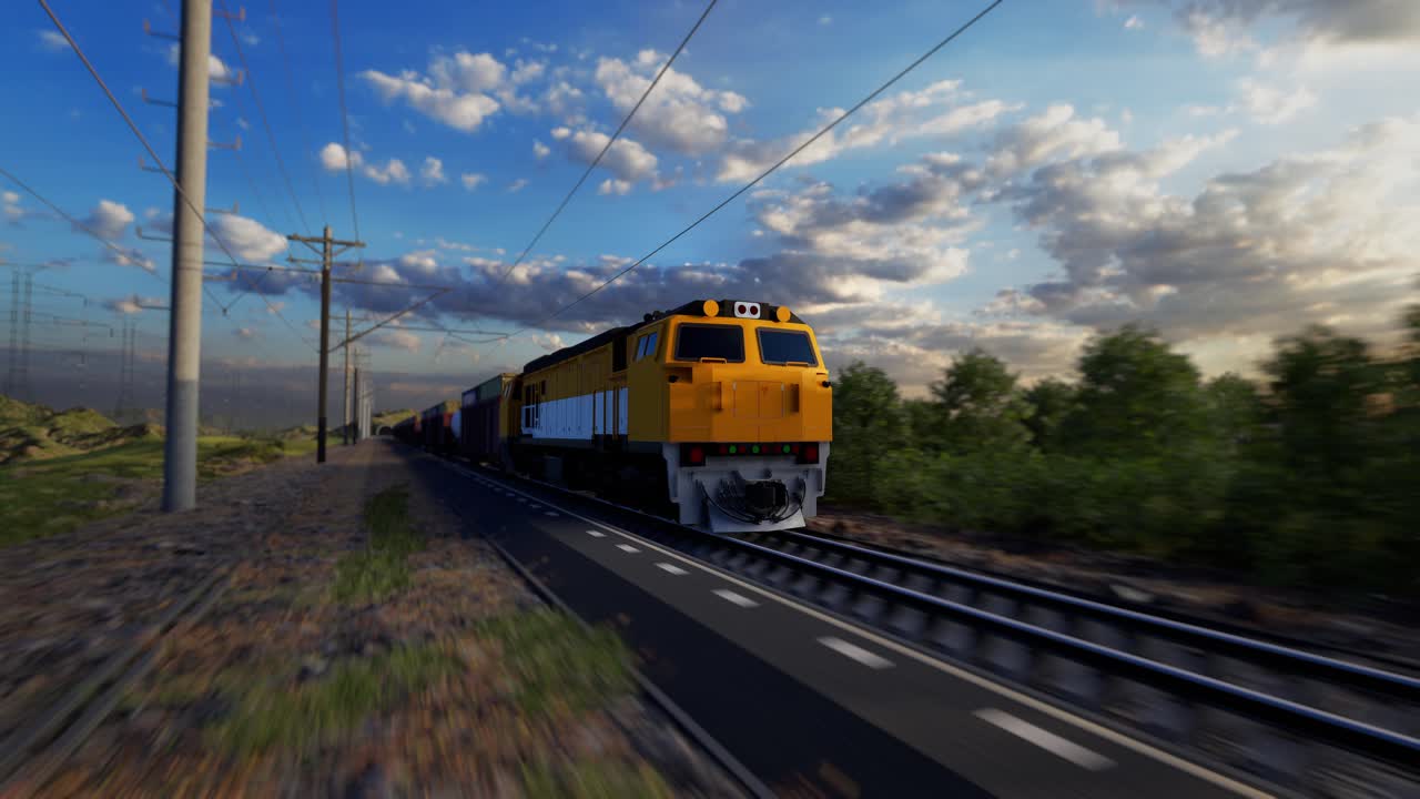 A Freight Train Hauls Shipping Containers Through The Landscape, Sunset And Blue Sky