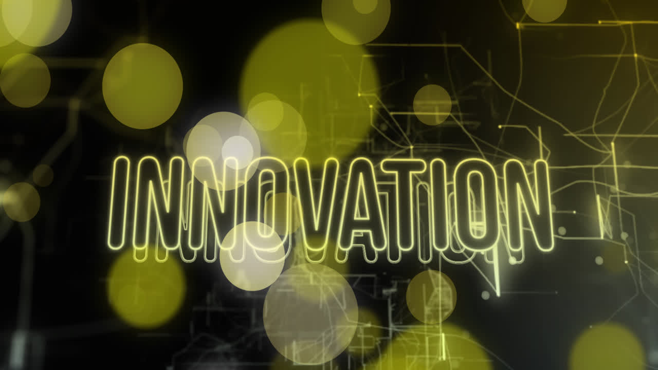 Animation of innovation text over spots on black background