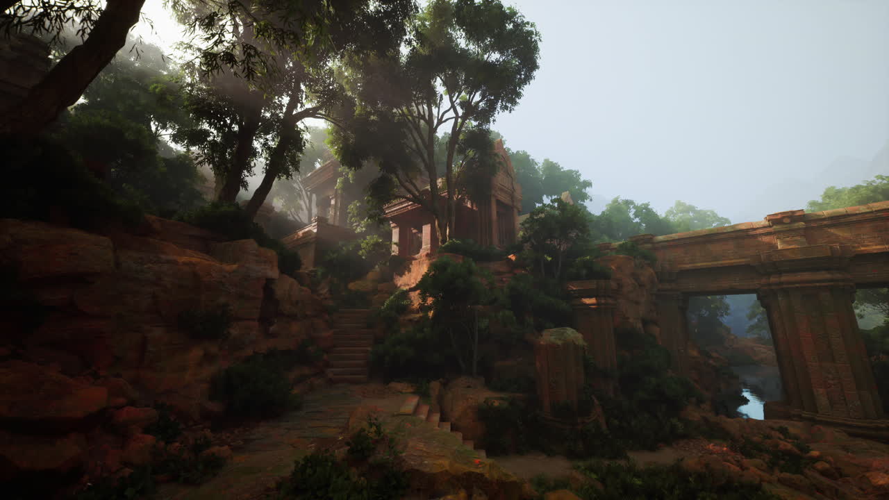 Ancient temple nestled in the lush jungle of thailand bathed in soft sunlight