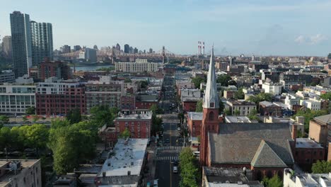 An-aerial-view-approaches-the-Queensboro-bridge-in-Long-Island-City-Queens-New-York