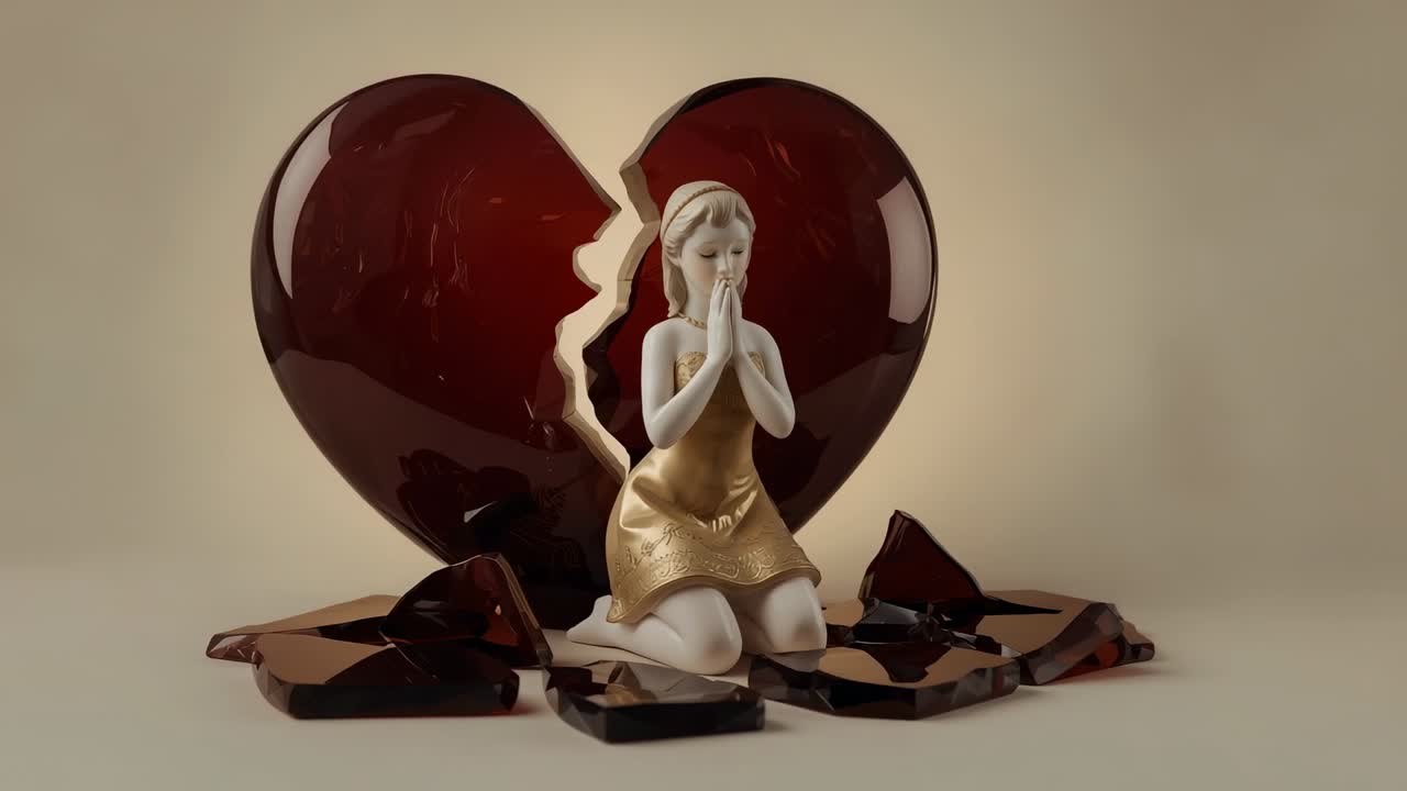 On start showing porcelain figurine in gold dress kneeling in prayer in studio with heart shards