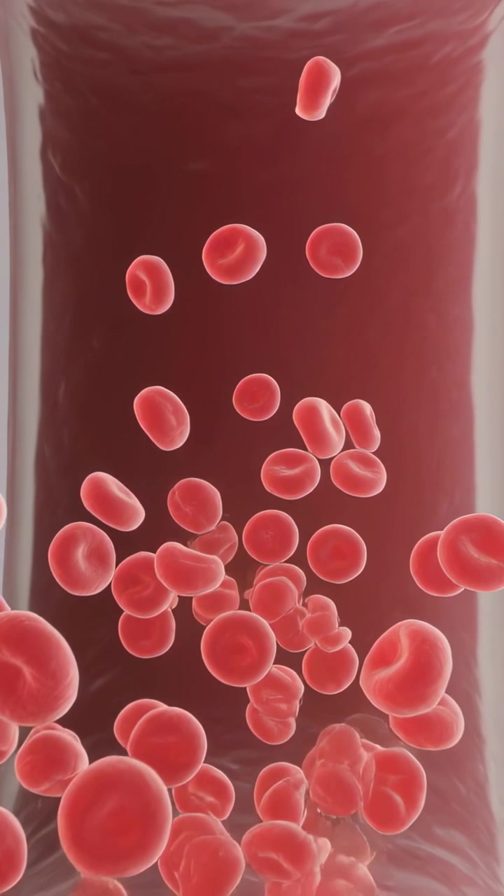 Vertical video: Pulling camera showing red blood cells drifting through thin vessel, glowing light