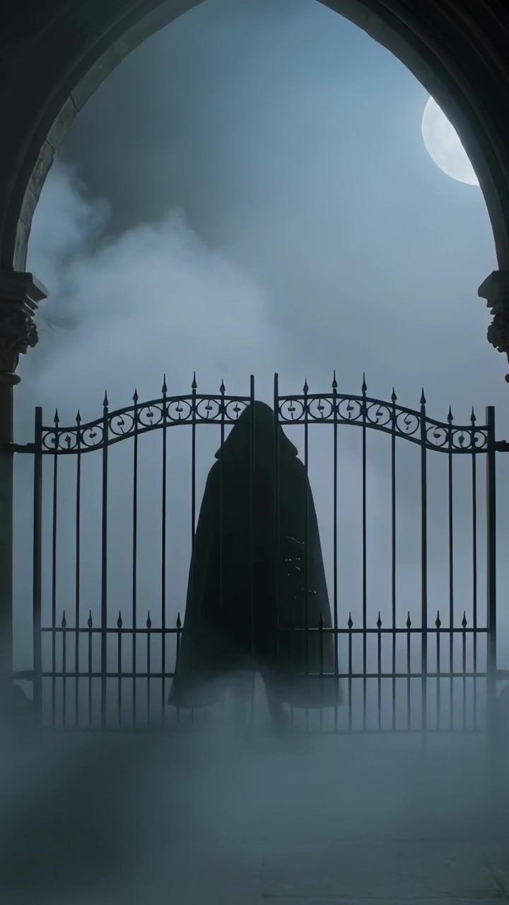 Video verticale: Nebbia che si dirada, figura incappucciata che avanza a un cancello di pietra, la luna che rivela le gambe.