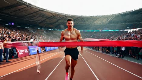 athlete crossing the finish line in victory, celebrating with confetti