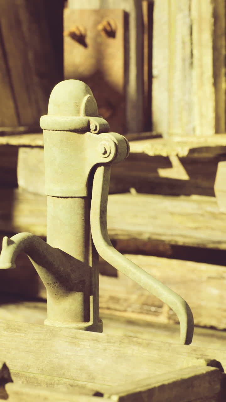 Vintage water pump stands in rustic wooden environment during daylight hours