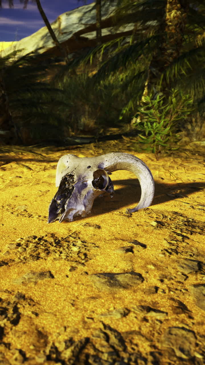 Desert landscape with an exposed ram skull under twilight skies
