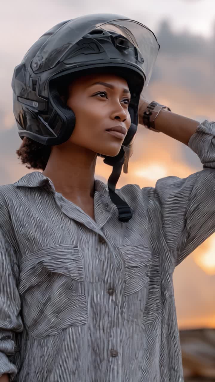 A confident woman wearing a motorcycle helmet, gazing into the distance with determination, set against a stunning sunset backdrop in an outdoor environment