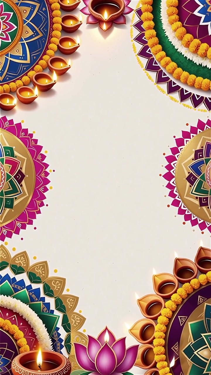 Sfondo Diwali con Diyas luminosi, Rangoli e fiori di loto