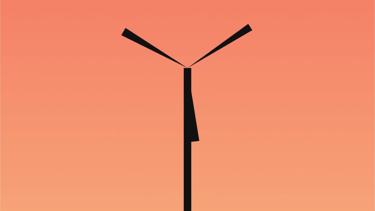 3D render of rotating wind turbine silhouette on orange background creating clean renewable energy motion graphic animation for futuristic environmental visuals
