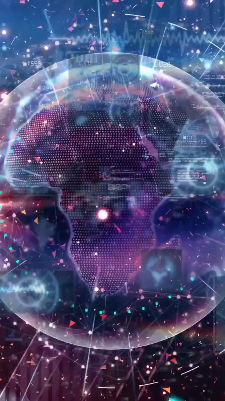 Video verticale: Globo olografico che pulsa dopo un bagliore dal bordo sinistro, ruotando e formando un HUD che mostra dati.