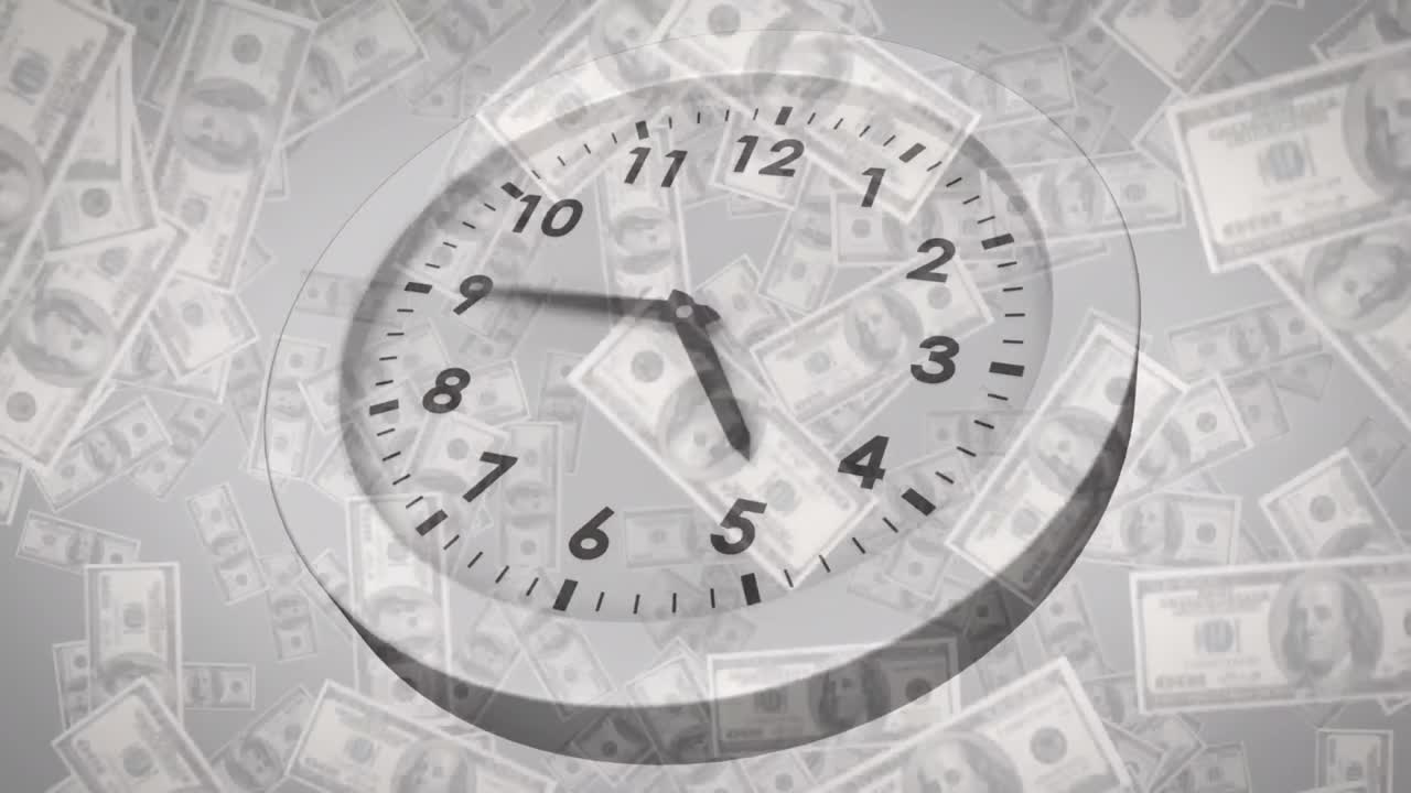animación de reloj y billetes de dólar que caen contra un fondo gris